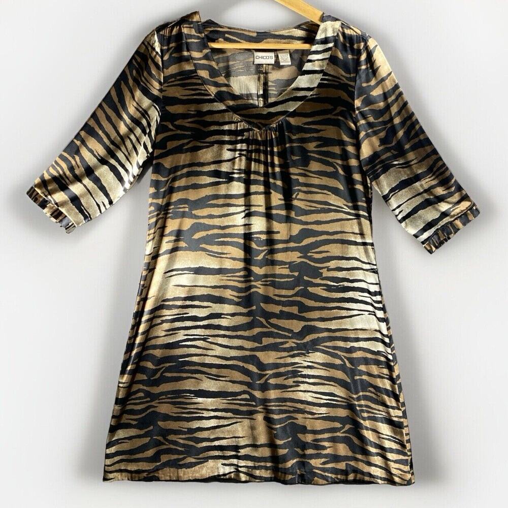 VTG Chicos Tiger Stripe Dress 1 US M 8 Stretch 3/4 Sleeve Satin Animal Print 90s